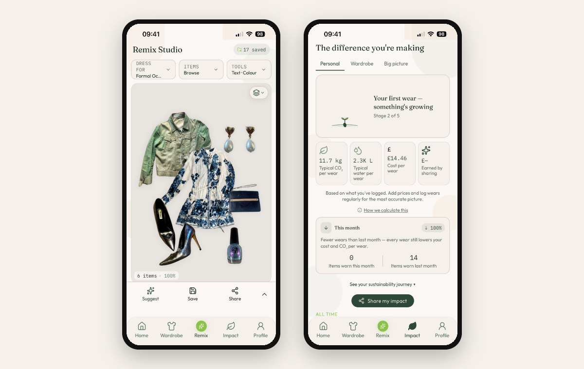 Two Closet Remix screens side by side: the Remix Studio flat-lay canvas showing a styled outfit at 100% match, and the impact screen showing cost per wear, CO2 and water for a garment.
