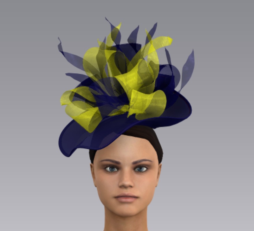 A navy percher hat trimmed with sculptural navy and yellow silk leaves and loops, designed by Estelle Pearce in the colours of the Doncaster Belles.