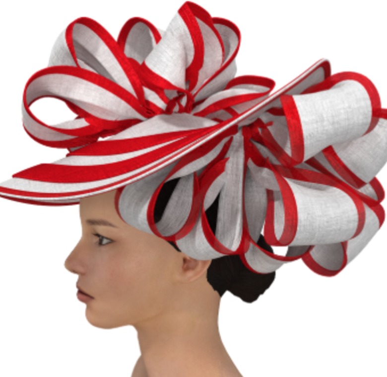 A large red and white striped sinamay hat by Estelle Pearce, built from looped oversized bows, shown in profile.