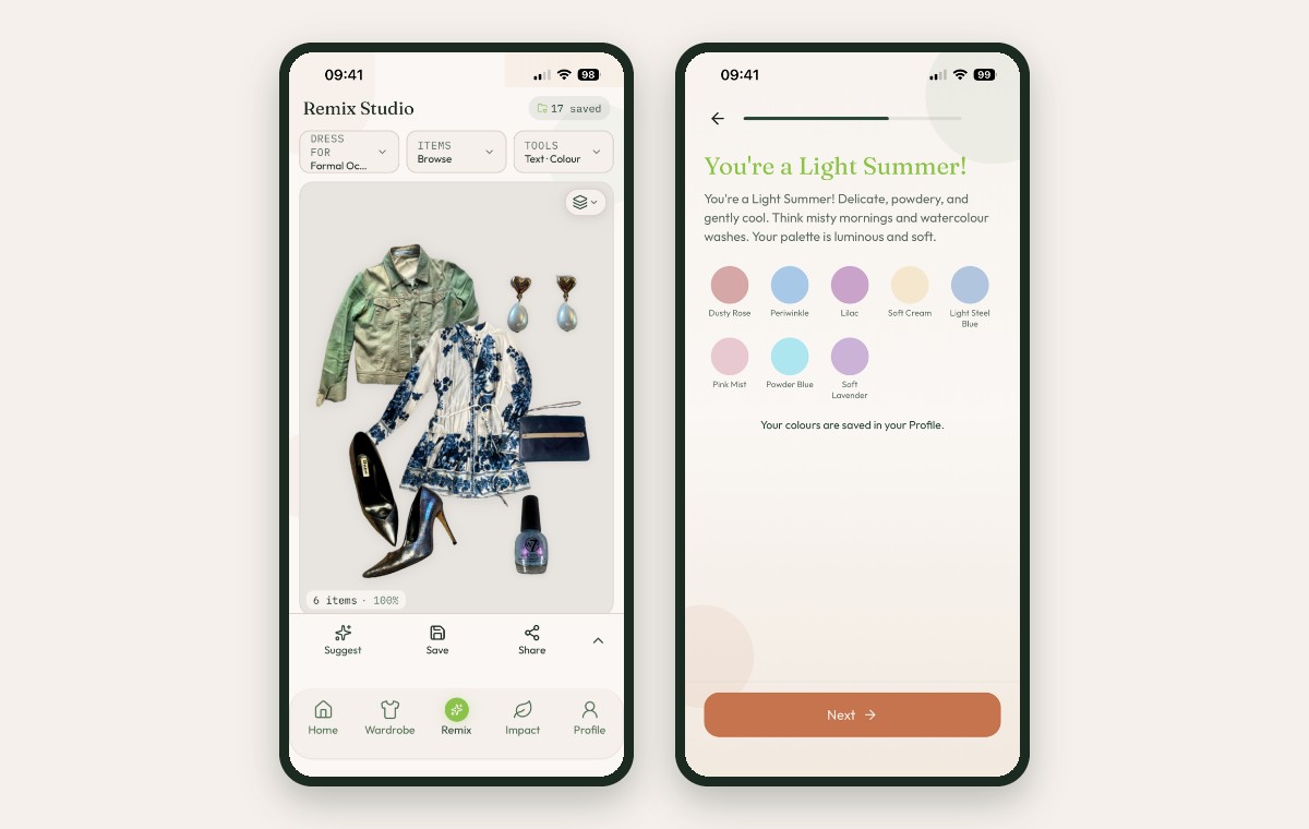 Two Closet Remix screens side by side: the Remix Studio flat-lay canvas showing a styled six-piece outfit at 100% match, and the colour analysis result screen naming a Light Summer season with eight palette swatches.