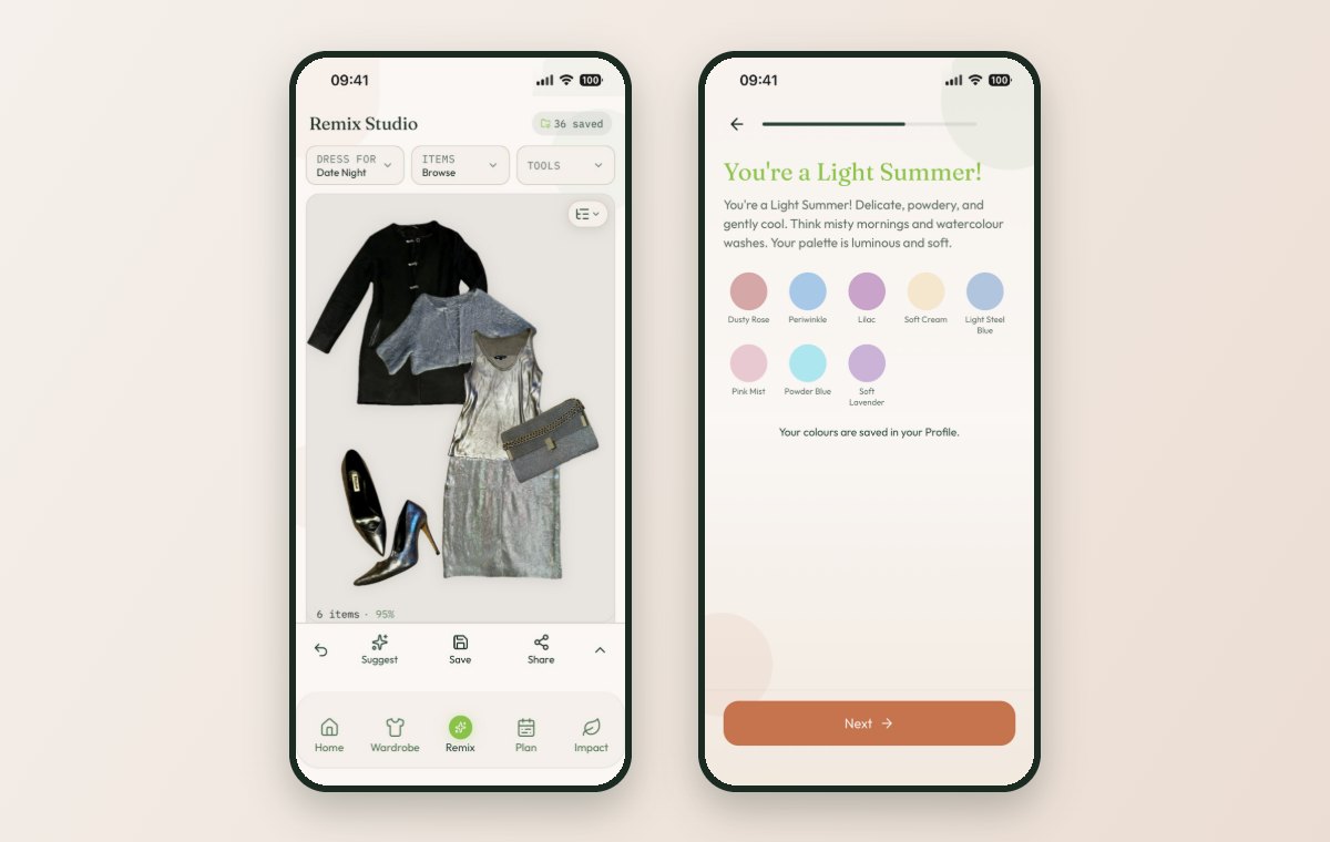 Two Closet Remix screens side by side: the Remix Studio flat-lay canvas showing a six-piece black and silver outfit at a 95% match, and the colour result screen naming a Light Summer season with eight palette swatches.