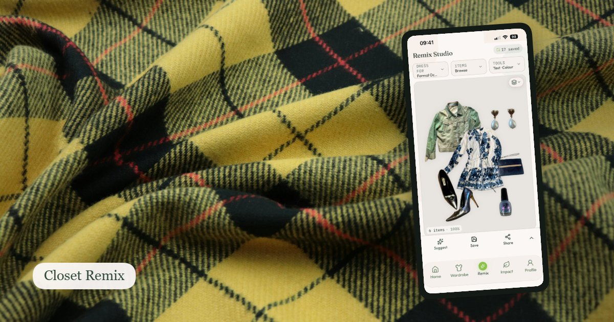 Yellow and black tartan fabric, the pattern of Cher Horowitz's famous suit, with a phone resting on it showing the Closet Remix Remix Studio and an outfit built from a denim jacket, a printed dress, heels and earrings.