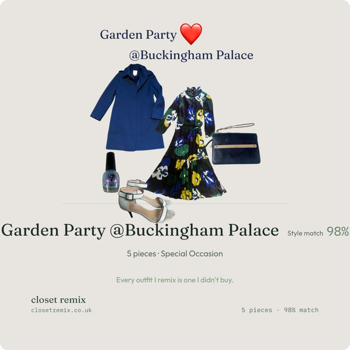 Closet Remix app share card showing the Garden Party outfit with a 98 percent style match