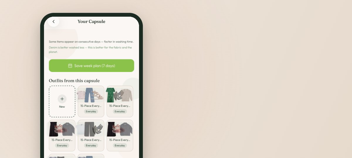 The Closet Remix Your Capsule screen, showing a fifteen-piece capsule and the outfits built from it.