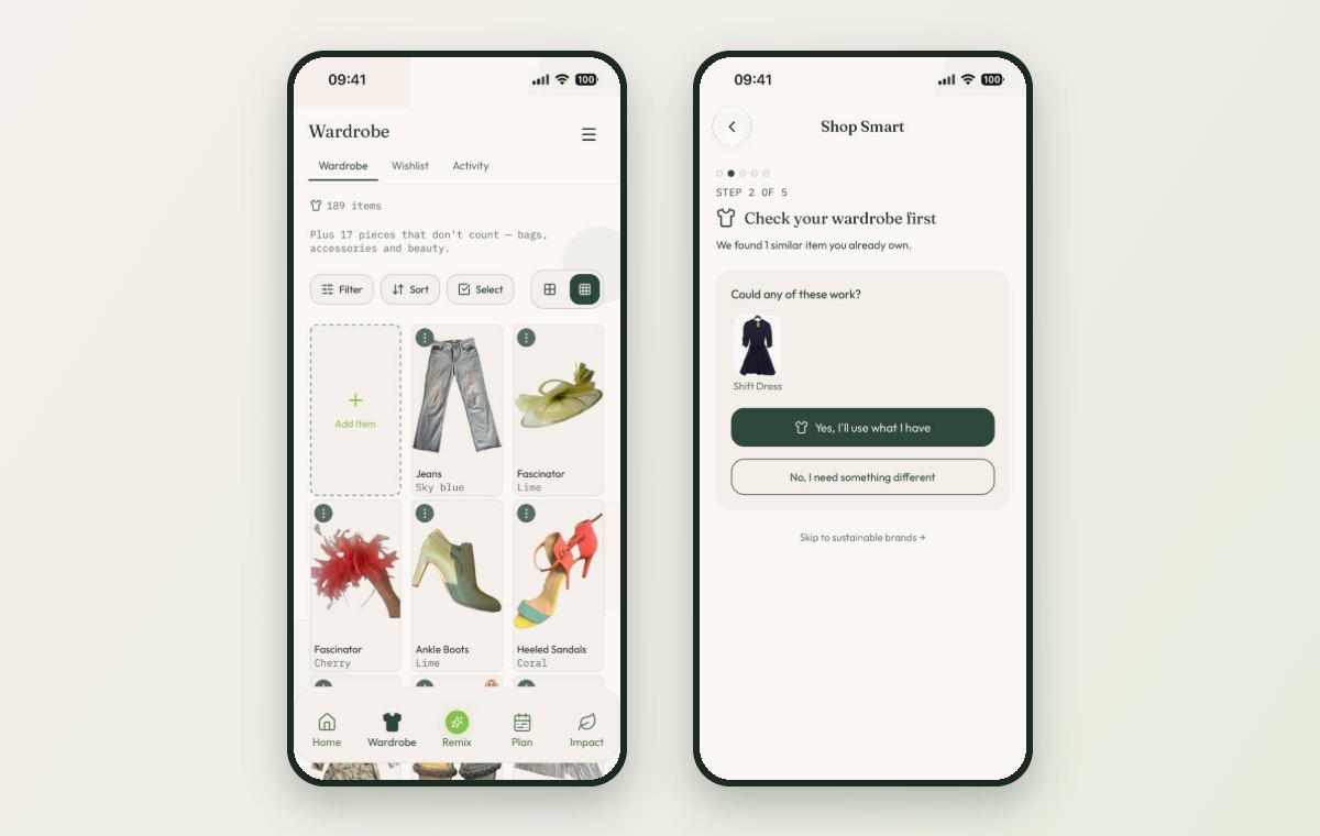 Two Closet Remix screens: the wardrobe and Shop Smart