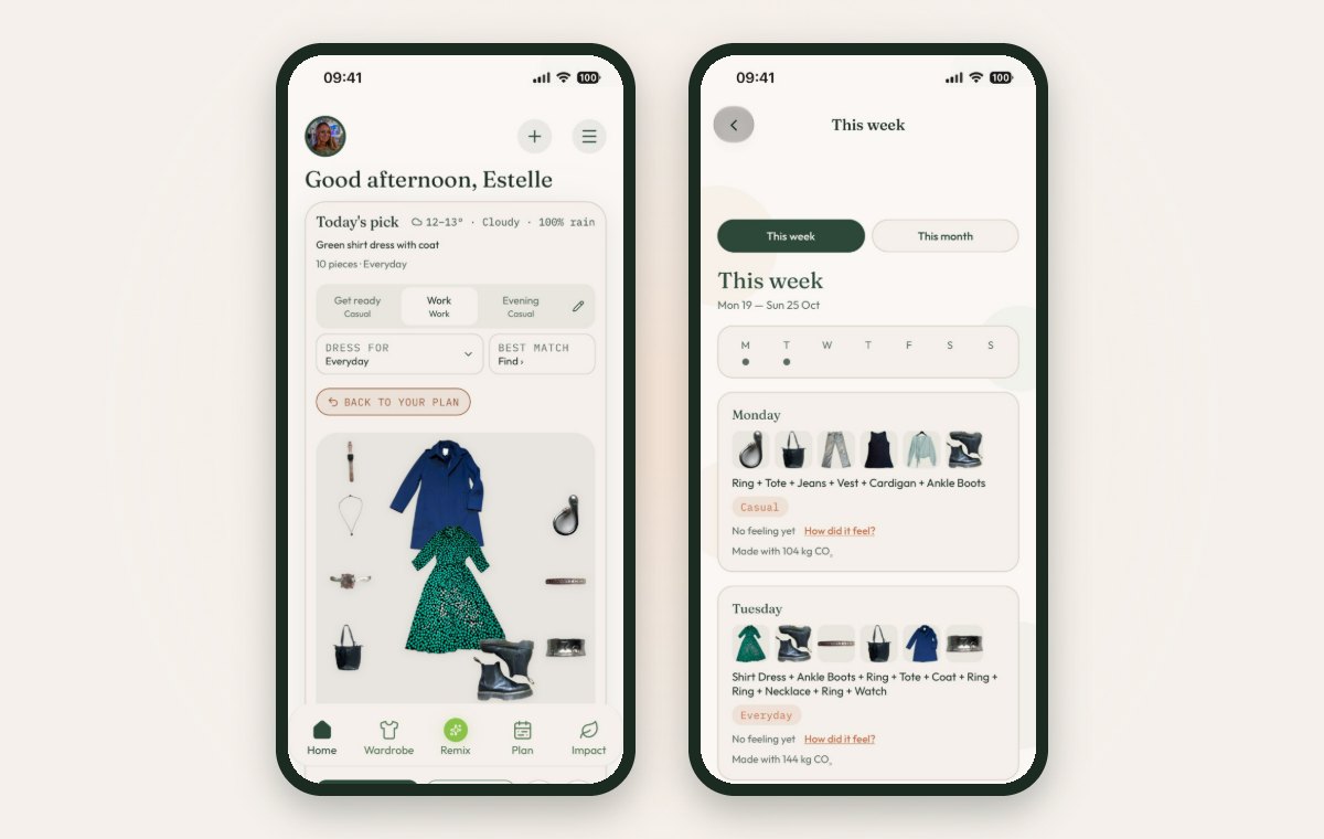 Two Closet Remix screens: the Home screen with today’s outfit laid out as a flat-lay, and the This week planner with an outfit for each day.