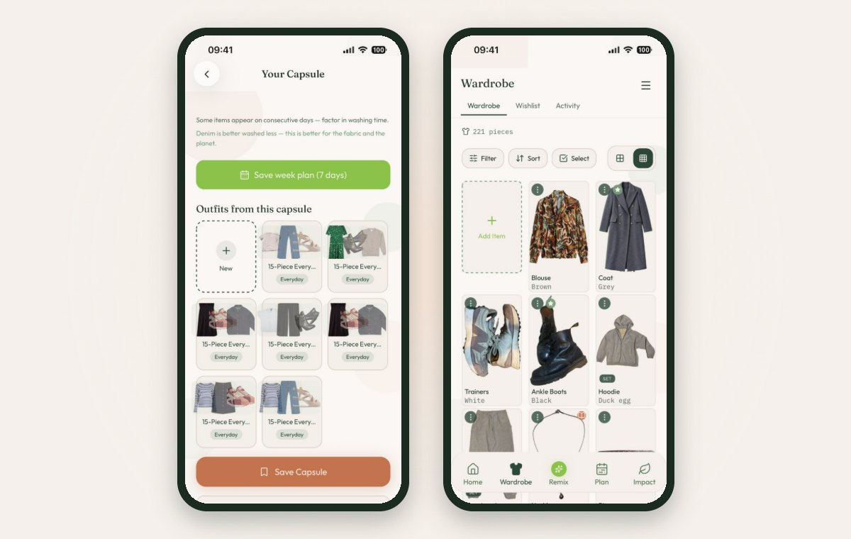 Two Closet Remix screens: Your Capsule with a week of outfits ready to save, and the Wardrobe grid of catalogued pieces.