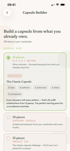 The Capsule Builder — choosing a 15-piece capsule