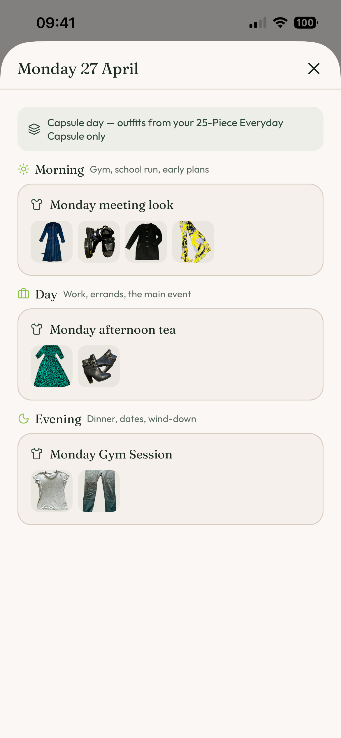 A planned day in the calendar — Morning, Day and Evening outfits saved to one date