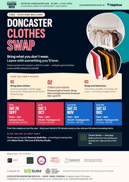 Doncaster Clothes Swap flyer — free, everyone welcome. Four swap dates, how the swap works, and the organisations behind it.