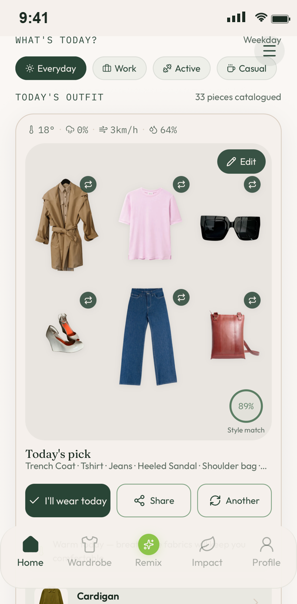 The Closet Remix home screen, showing today's outfit — a trench coat, tee, jeans and accessories, with an 89% style match