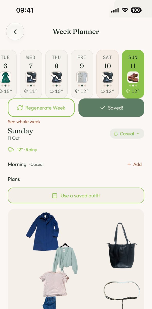 The Closet Remix week planner: a row of days with the weather and an outfit for each, and Sunday’s look laid out below