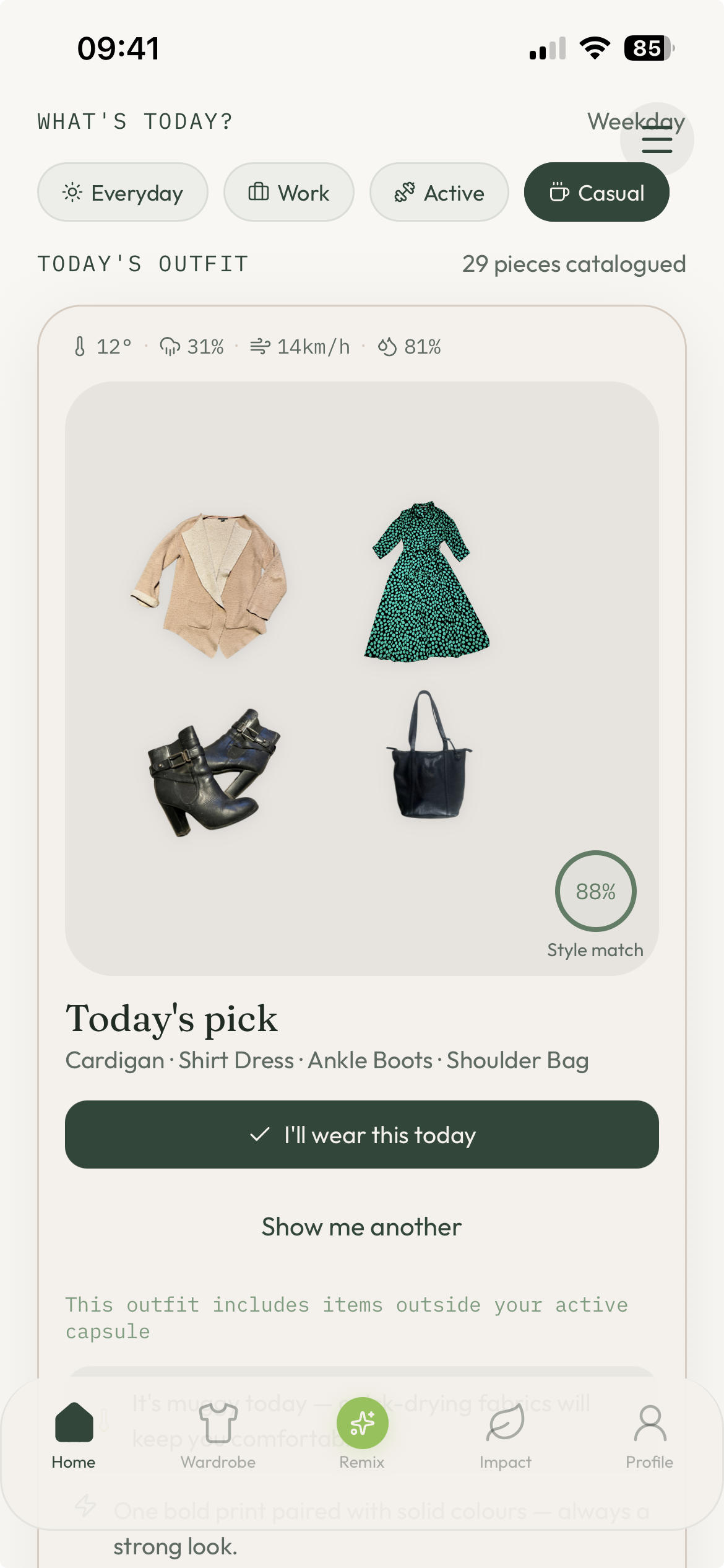 The Closet Remix home screen, showing a personal greeting and outfit suggestions