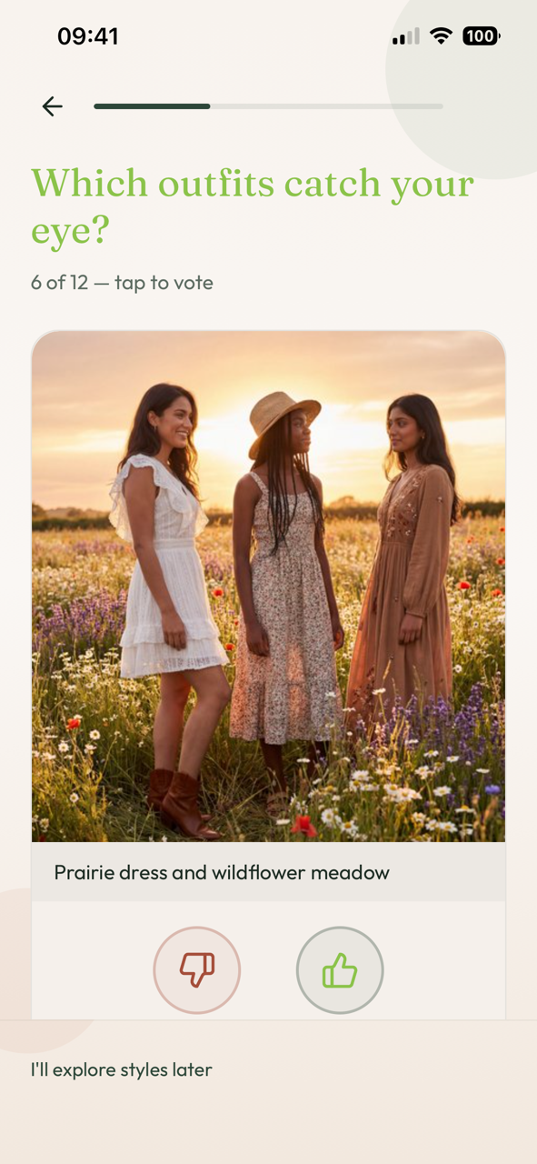The Vibes quiz — outfit cards with thumbs up or thumbs down