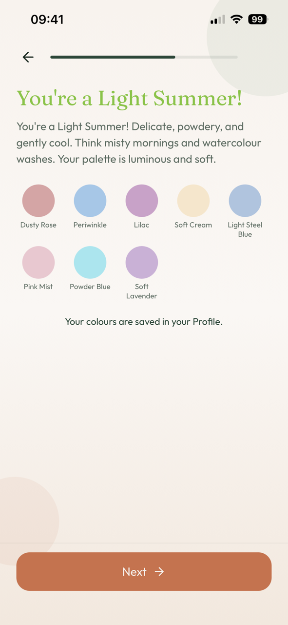 Personal colour palette — a Light Summer result with eight named swatches