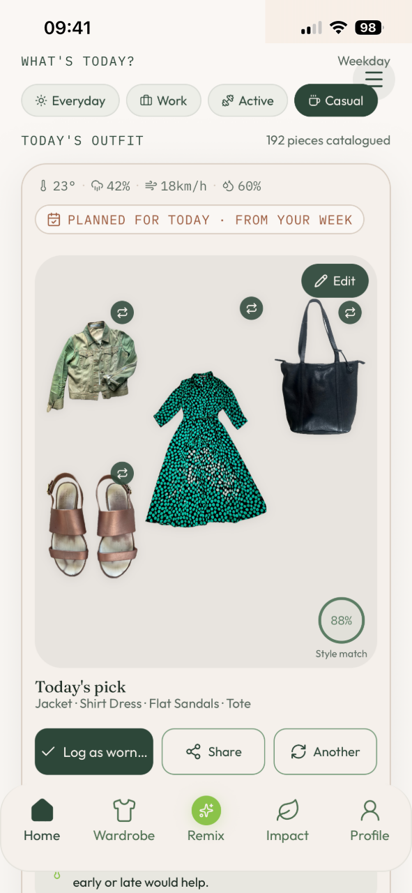 The home screen — today's outfit shown as a flat lay of jacket, shirt dress, sandals and tote, with an 88% style match