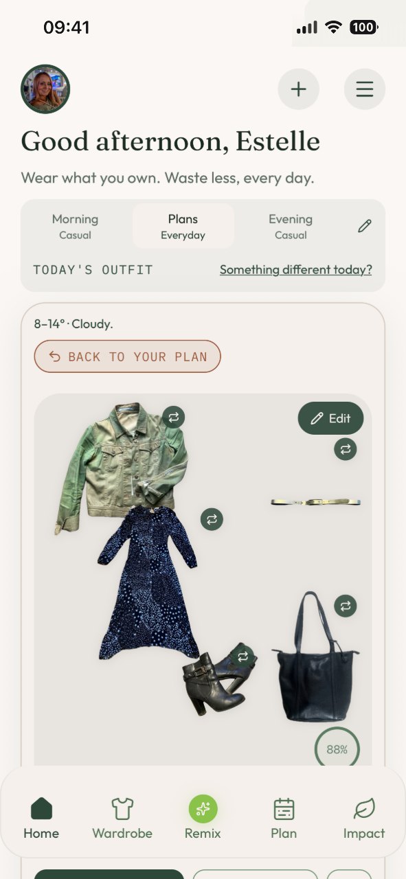 The home screen — today's outfit shown as a flat lay of coat, top, jeans, boots and tote, with a 100% style match