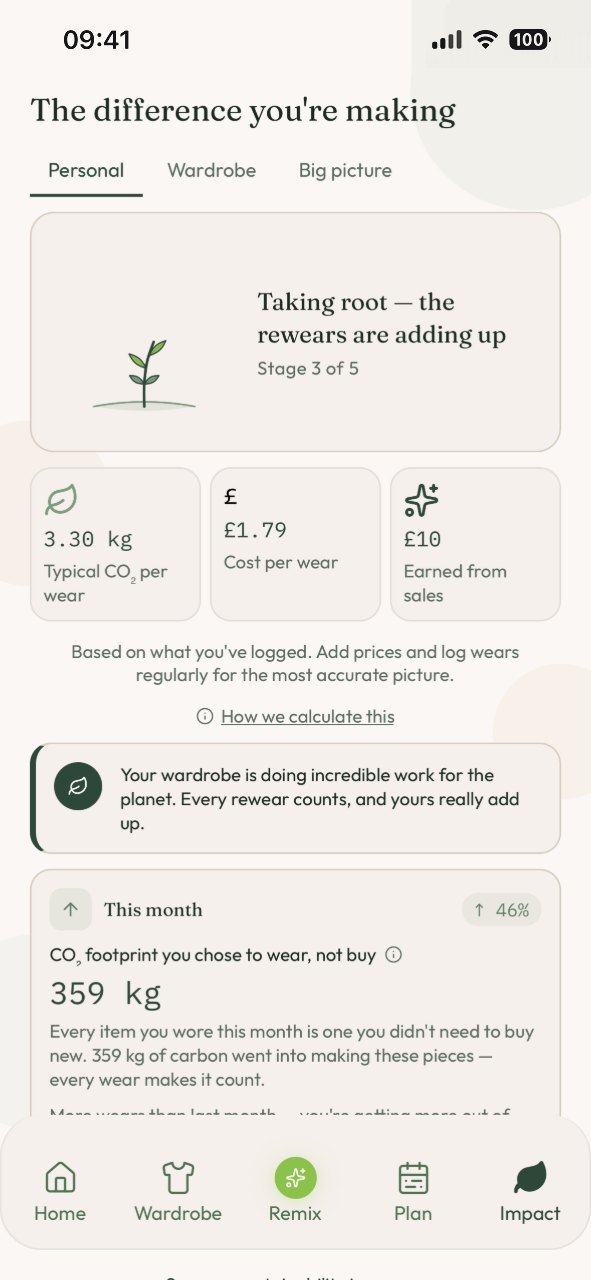 The impact screen — a growing seedling at stage 3 of 5, 3.30 kg CO₂ per wear, £1.79 cost per wear and this month’s totals