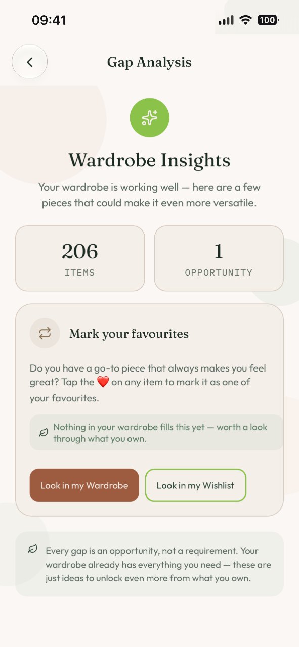 Wardrobe Insights in Gap Analysis, showing 206 items and one opportunity