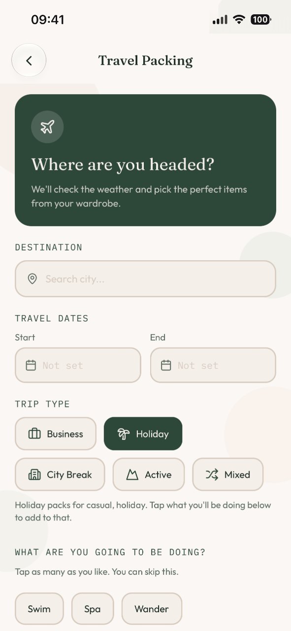The Travel Packing screen asking where you are headed, with dates, trip type and what you will be doing