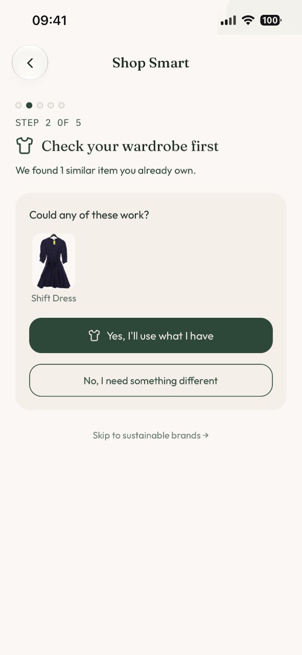 Shop Smart step 2 of 5, “Check your wardrobe first”, showing one similar item already owned and the choice to use what you have