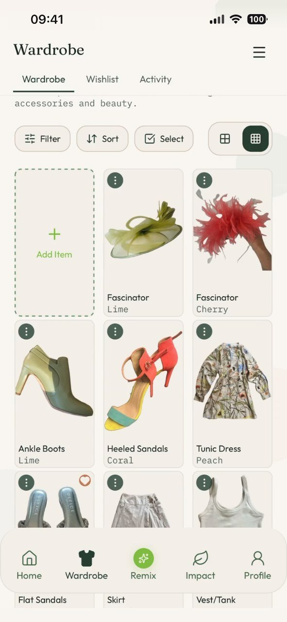 The wardrobe — a grid of catalogued pieces with filter, sort and select controls