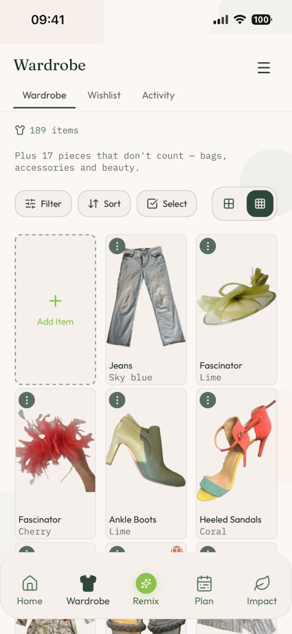The wardrobe — a grid of catalogued pieces including jeans, fascinators, ankle boots and heeled sandals, with filter, sort and select controls