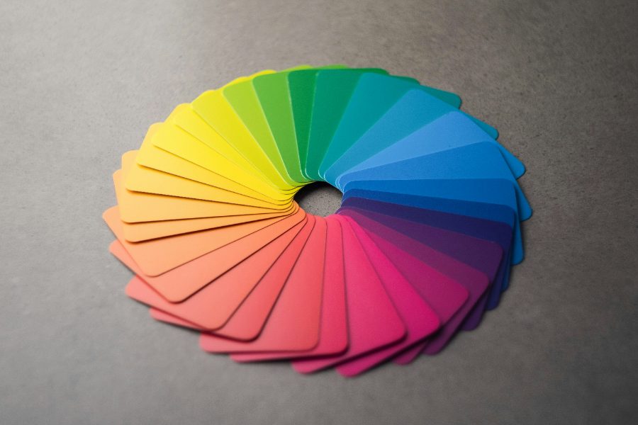 A fanned wheel of rainbow colour swatches
