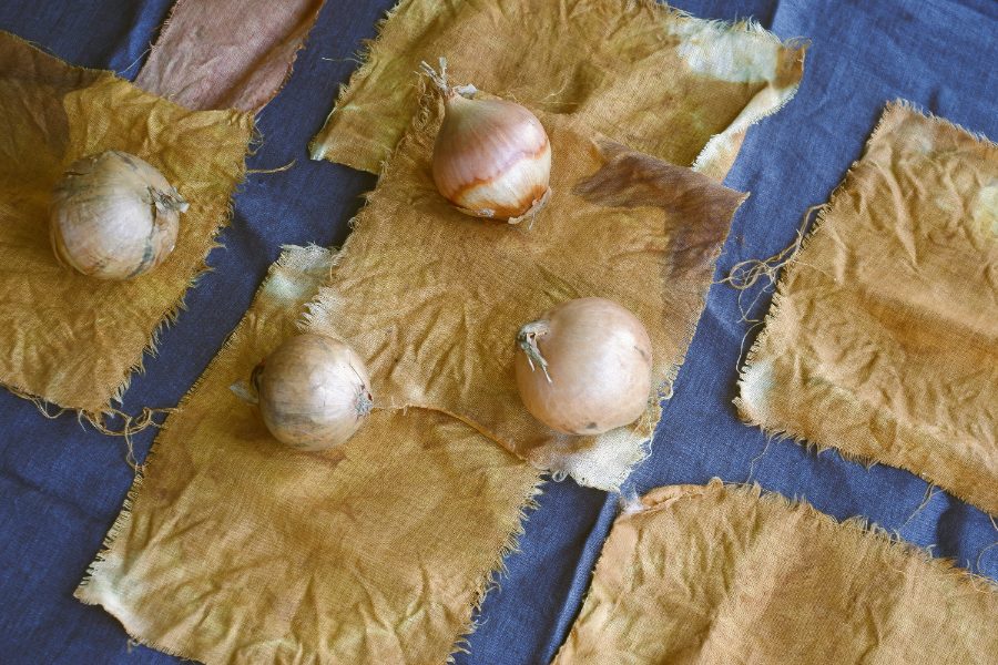 Linen squares naturally dyed golden with onion skins