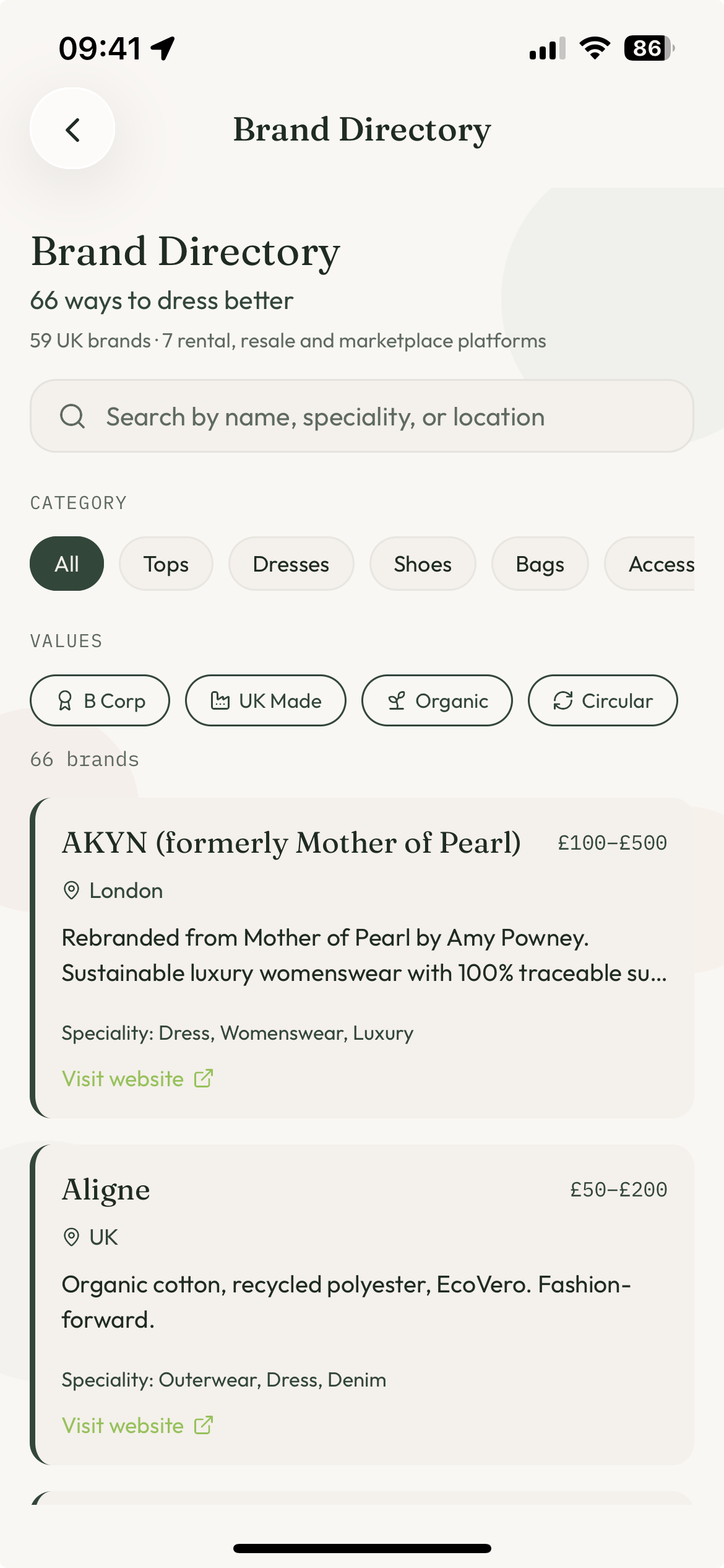 The Brand Directory — vetted UK and circular brands with category and value filters