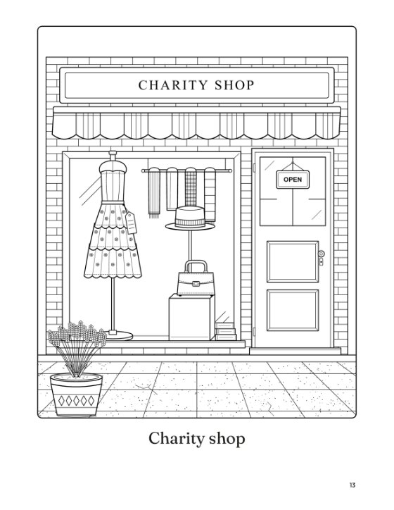 A black and white colouring page of a charity shop front, with a dress on a mannequin, scarves, a hat and a handbag in the window, and a pot of lavender by the door.