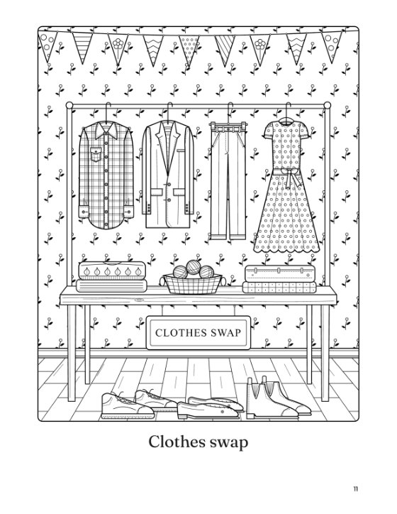 A black and white colouring page of a clothes swap: a rail of a checked shirt, a blazer, trousers and a spotted dress above a table of folded knits, with a CLOTHES SWAP sign and shoes on the floor.